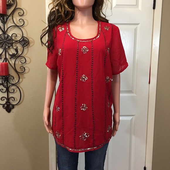 BUNDLE ME 😃 Ashley Stewart red beaded sequin top - Picture 2 of 8